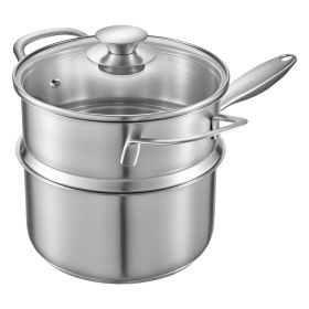 2.5 QT Saucepan with Steamer, Stainless Steel Saucepan with Glass Lid, Multipurpose Stainless Steel Sauce Pot with Ergonomic Handle