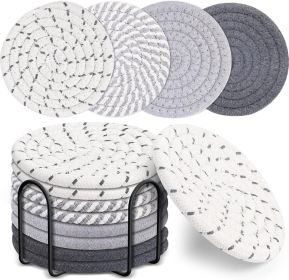 Mckanti 8 Pcs Drink Coasters with Holder, 4 Colors Absorbent Coasters, Minimalist Cotton Woven Coaster Set for Living Room Decor