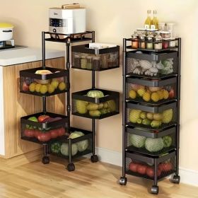 Rotating Kitchen Storage Shelf 5 Tier, Metal Fruit Vegetable Storage Basket Multi-Layer Vegetable Rack Storage Trolley On Wheels, Floor-Standing Baske (Option: BLACK-5thfoor)