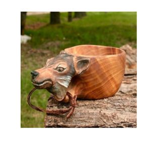 Hand Carved Cup Scandinavian Kuksa Wooden Mug Camping Gear Coffee Cup Kuksa Guksi Kuksa Wild Boar Cups Christmas (Option: Wolf Painting)