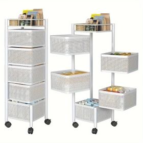 Rotating Kitchen Storage Shelf 5 Tier, Metal Fruit Vegetable Storage Basket Multi-Layer Vegetable Rack Storage Trolley On Wheels, Floor-Standing Baske (Option: White-5thfoor)